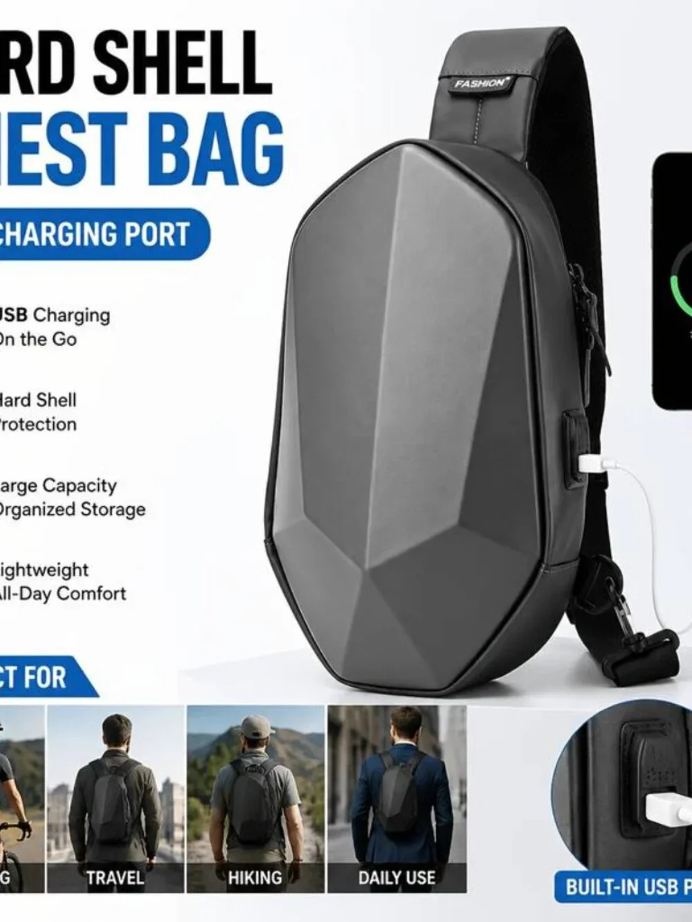 Geometric Hard Shell Chest Bag Crossbody Backpack with USB Port